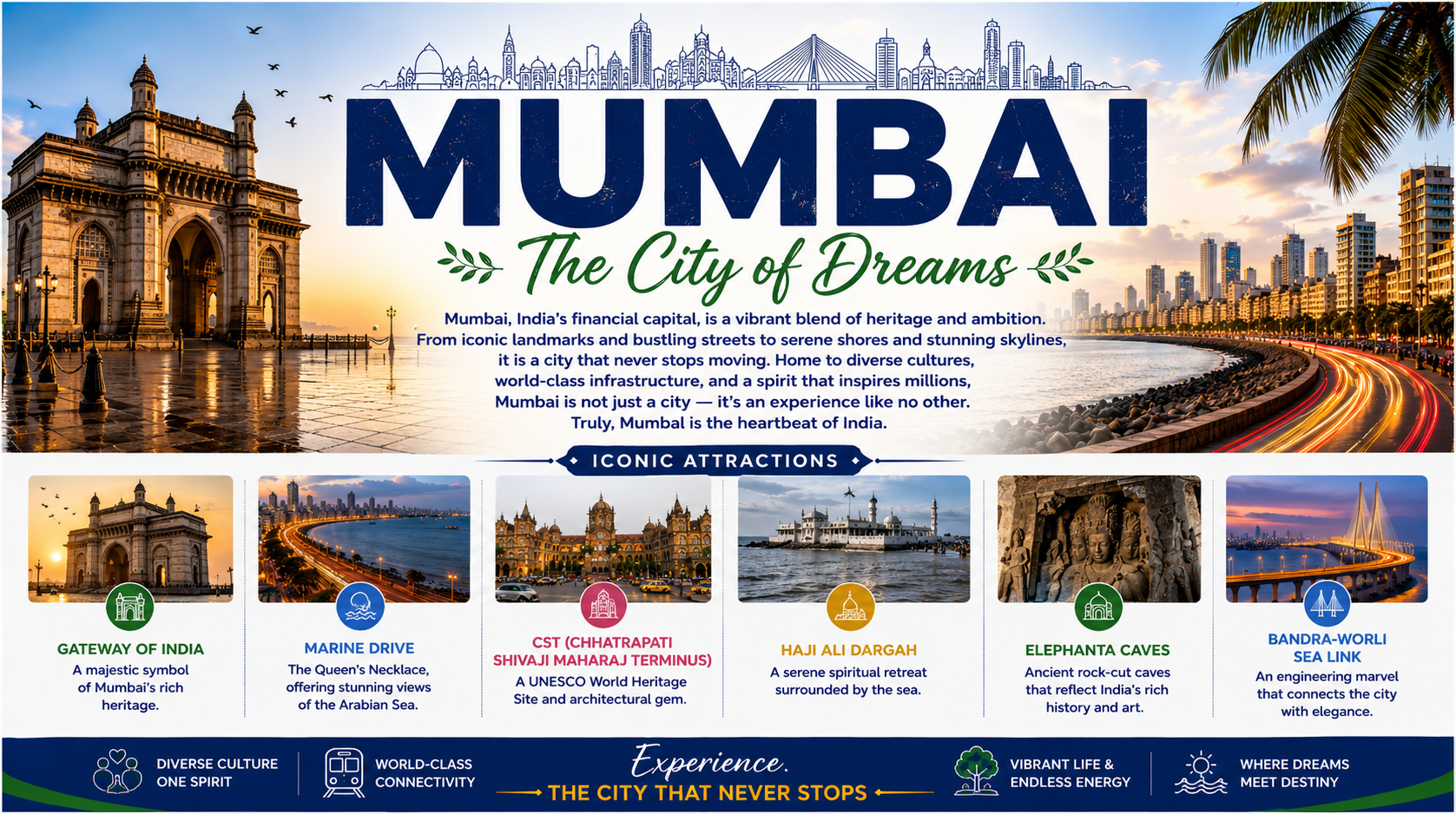 Mumbai — The City of Dreams. Iconic attractions including Gateway of India, Marine Drive, CSMT, Haji Ali Dargah, Elephanta Caves, and the Bandra–Worli Sea Link.