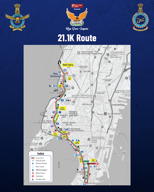 21.1K route map: start and finish at Azad Maidan, with kilometre markers, water and medical stations